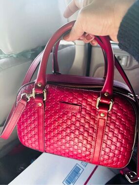 Gucci Red Embossed Leather Satchel with Gold Hardware